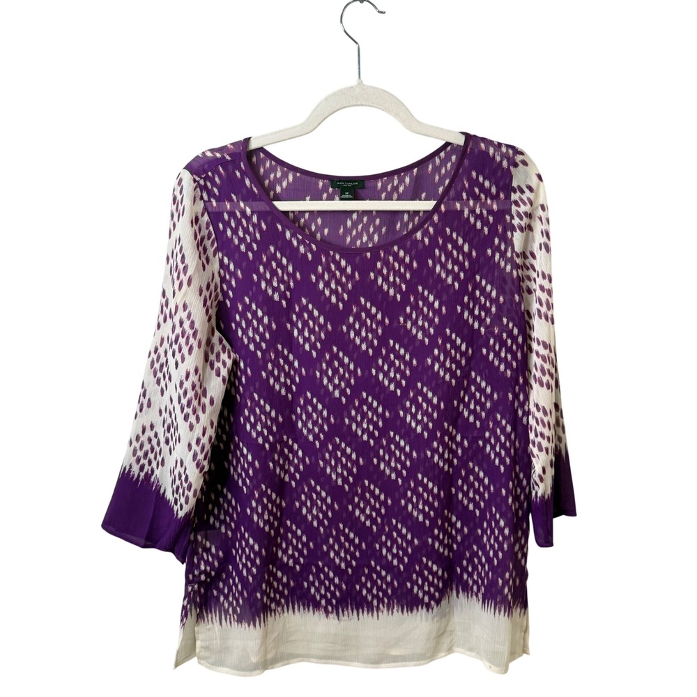 Ann Taylor Purple White Ikat Print Sheer‎ 3/4 Sleeve Blouse Top Medium Whimsical